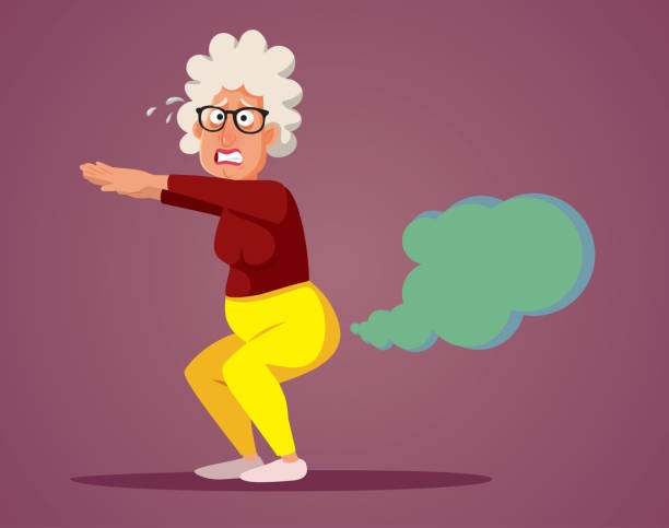 Senior granny accidently passing gas while exercising and feeling embarrassed
