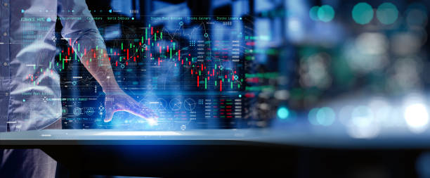 Businessman working with digital computer touch screen with Finance Content marketing  concept on blur background.