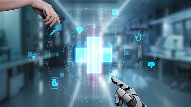 Robot and human reaching hand and pointing finger with medical cross icon floating. Close up of robotic hands and human working together while pointing finger at laboratory background. Salubrious.